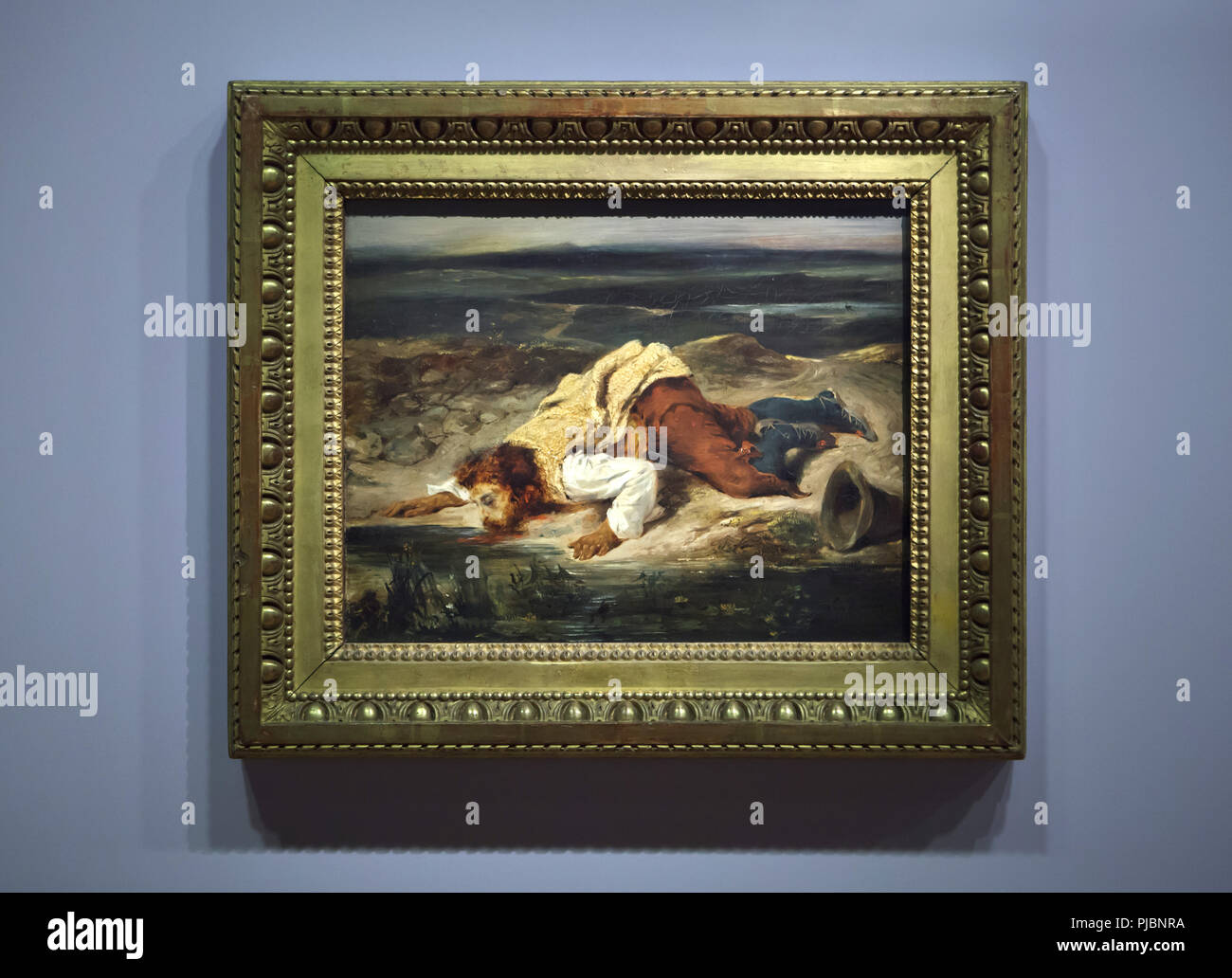 Malerei ortally bin verwundet Räuber stillt seinen Durst" von Französischen romantischen Maler Eugène Delacroix (1825) auf dem Display an seiner Retrospektive im Musée du Louvre in Paris, Frankreich. Die Ausstellung, die Meisterwerke der Führer der französischen Romantik läuft bis 23. Juli 2018. Stockfoto