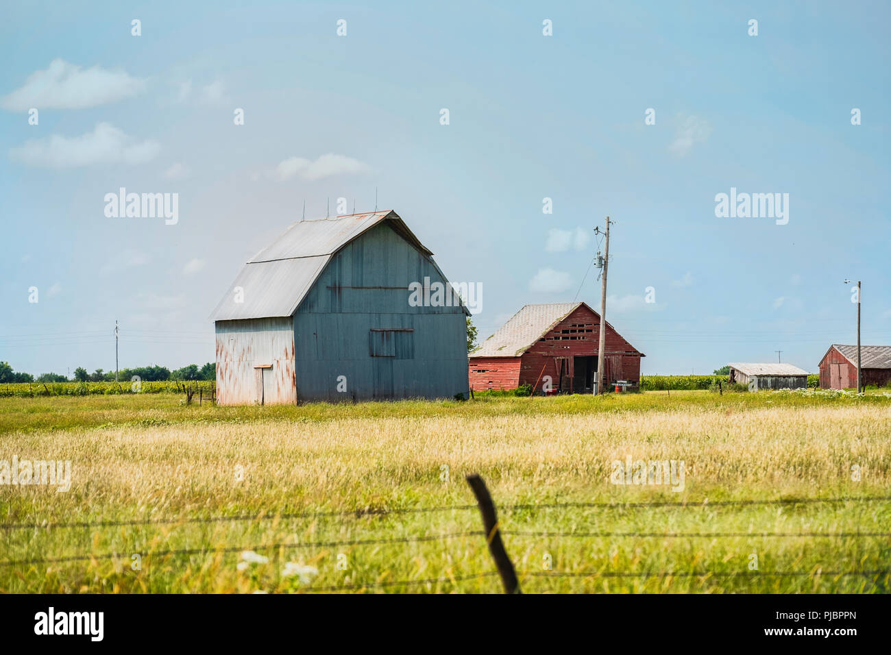 Landwirtschaftliche Gebäude, Scheunen, in ländlichen Kansas, ein paar Meilen von Wichita, USA. Stockfoto