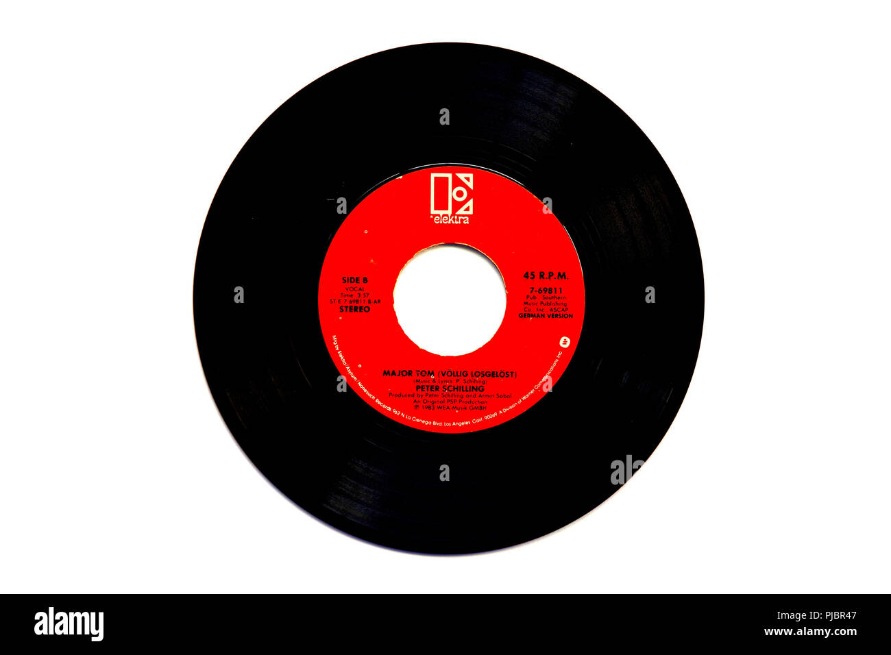 45 U/min Schallplatte von Peter Schilling's Song 'Major Tom (Coming Home)" im Jahr 1983 freigegeben von Elektra Records (in den USA). Stockfoto