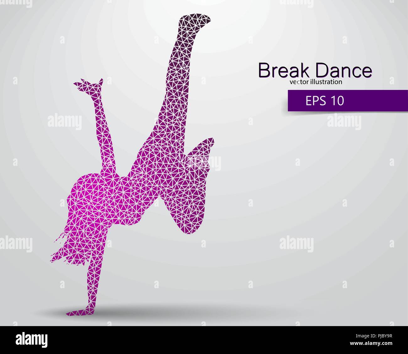 Silhouette der Breakdancer aus Dreiecken. Hintergrund und Text auf einem separaten Layer, Farbe kann mit einem Klick geändert werden. Stock Vektor