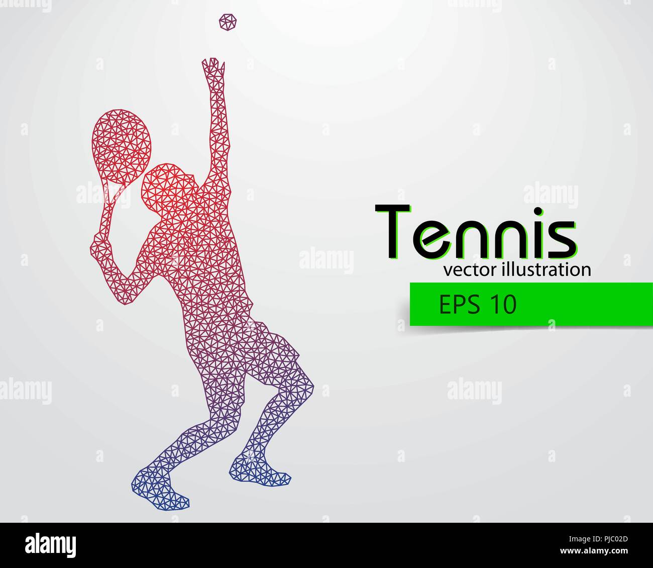 Silhouette eines Tennisspieler aus Dreiecken. Text- und Hintergrundfarbe auf einem separaten Layer, Farbe kann mit einem Klick geändert werden. Stock Vektor