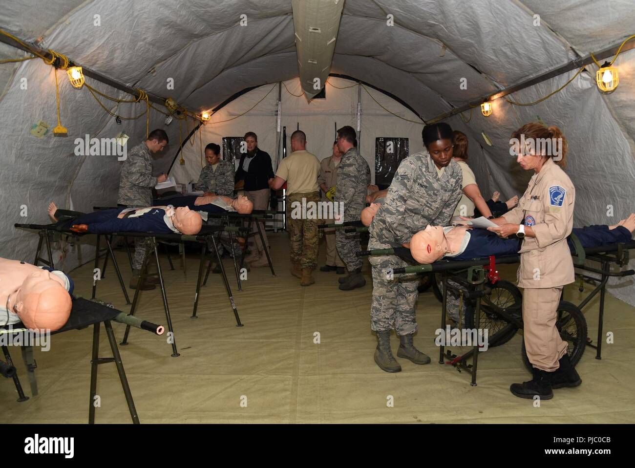 Flieger von der 108 WIng Medical Group, New Jersey Air National Guard, und die Mitglieder der WI-1 Disaster medizinische Hilfe Team (DMAT) die Behandlung von Patienten innerhalb der Basis für Operationen nach einem simulierten Erdbebens während PATRIOT Nord 18 bei Volk Feld, Wis., 18. Juli 2018. PATRIOT ist ein inländischer Betrieb Disaster Response Training durch die National Guard Einheiten arbeiten mit Bundes-, Landes- und lokale Emergency Management Agenturen und Ersthelfer durchgeführt. Stockfoto