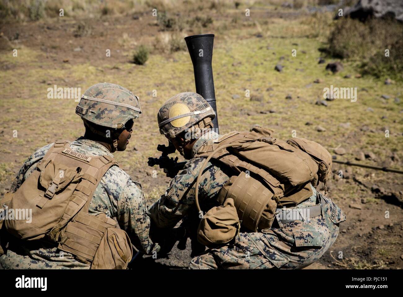 POHAKULOA TRAINING AREA, California (16. Juli 2018) der US-Marines mit Waffen Firma, 1.BATAILLON, 3 Marines, passen Sie ihre Mörser in der Vorbereitung für einen Brand Mission mit 81-mm-experimentellen, nicht-tödliche Indirektes Feuer Munition (Idfm) Runden während der Kernwaffen, die Veranstaltung, 16. Juli 2018 Pohakuloa Training Area, Hawaii. Die idfm ist ein integrierter Flash-bang-Personal runden für Personal in Reichweite zu unterdrücken, die Minimierung von Kollateralschäden. Stockfoto