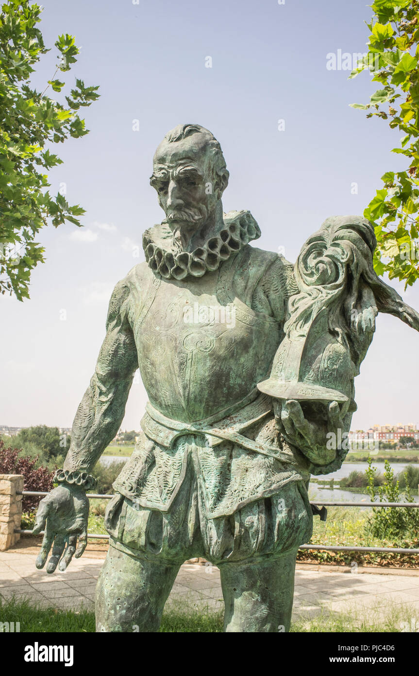 Badajoz, Spanien - September 3rd, 2018: Pedro de Alvarado, Spanischen Eroberer von Mittelamerika. Skulptur von Estanislao Garcia Stockfoto