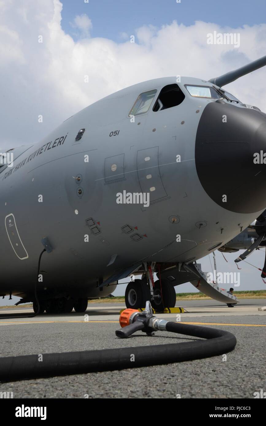 Ansicht der türkischen Airbus A400M während der 424Th Air Base Squadron 'Fire Fighter, Chièvres Air Base, Belgien, 12. Juli 2018. Stockfoto