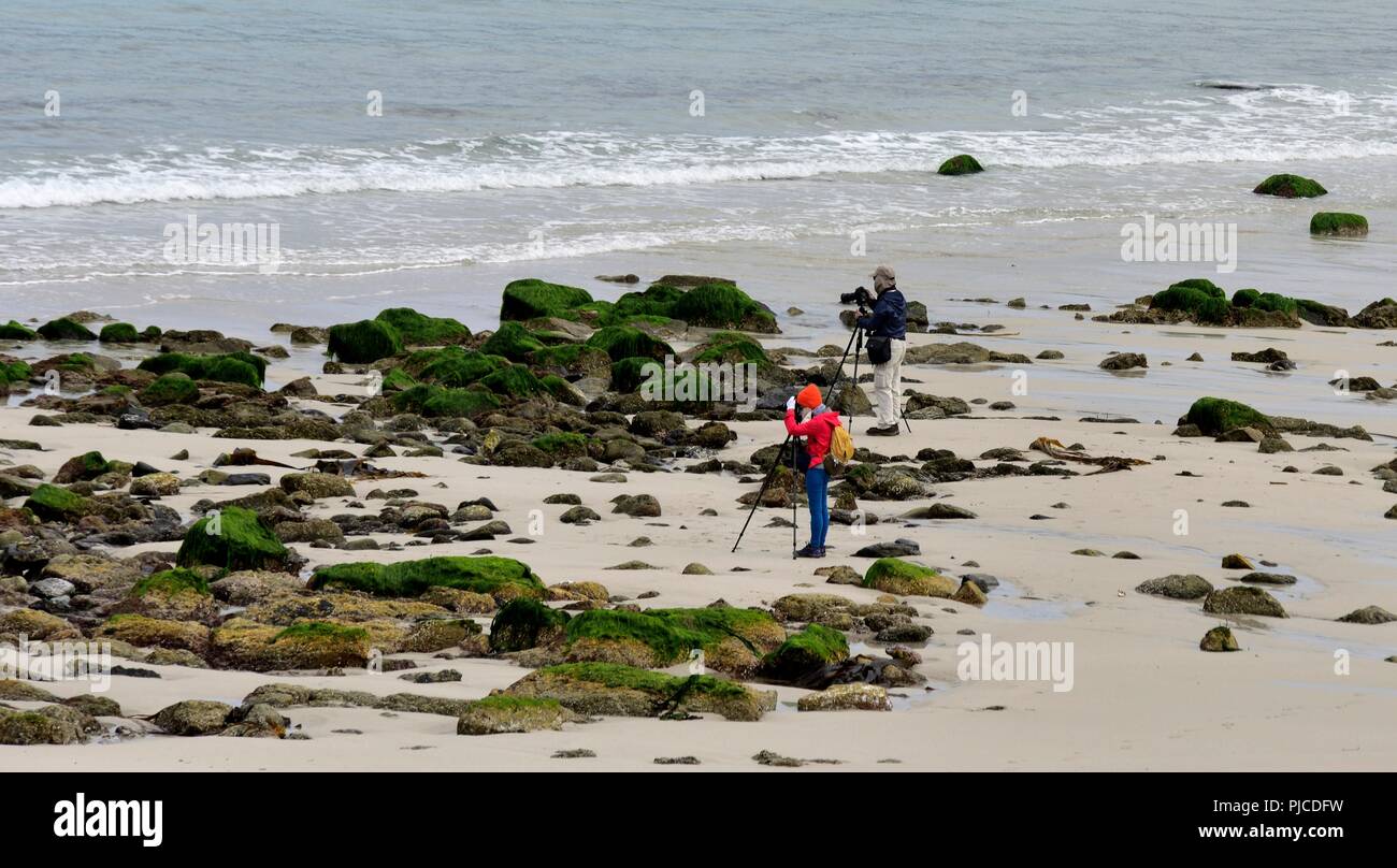 Zwei Fotografen, die mit Stative am Strand, Sennen Cove, Cornwall, England, Großbritannien Stockfoto