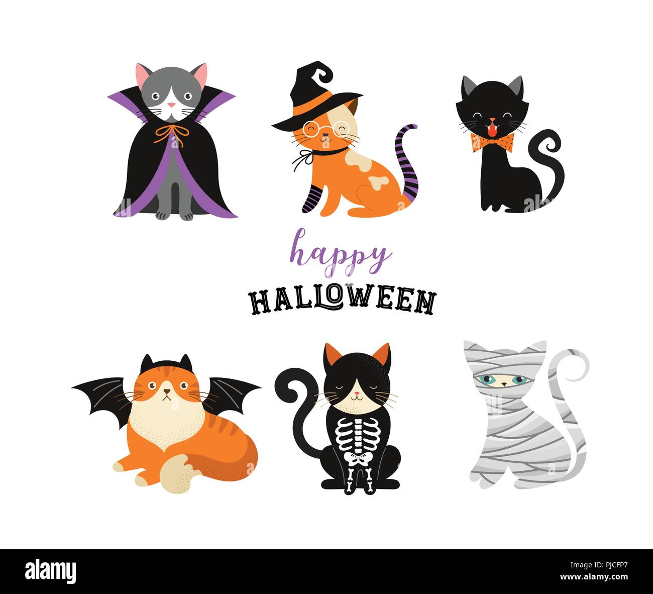 Happy Halloween - Katzen in Monster Kostüme, Halloween Party. Vector Illustration, Banner, Elemente einstellen Stock Vektor