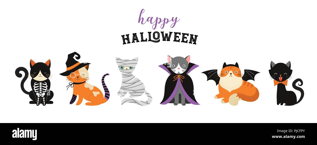 Happy Halloween - Katzen in Monster Kostüme, Halloween Party. Vector Illustration, Banner, Elemente einstellen Stock Vektor
