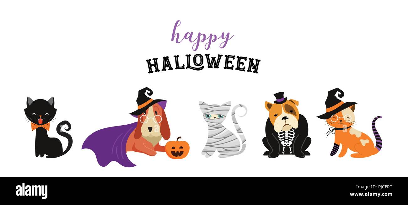 Happy Halloween - Katzen und Hunde in Monster Kostüme, Halloween Party. Vector Illustration, Banner, Elemente einstellen Stock Vektor