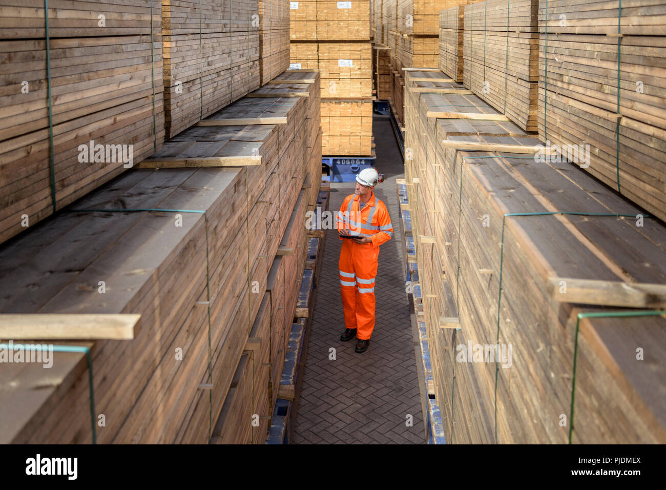 Arbeitnehmer unter Stapeln von Holz in der Lagerung im Hafen Stockfoto