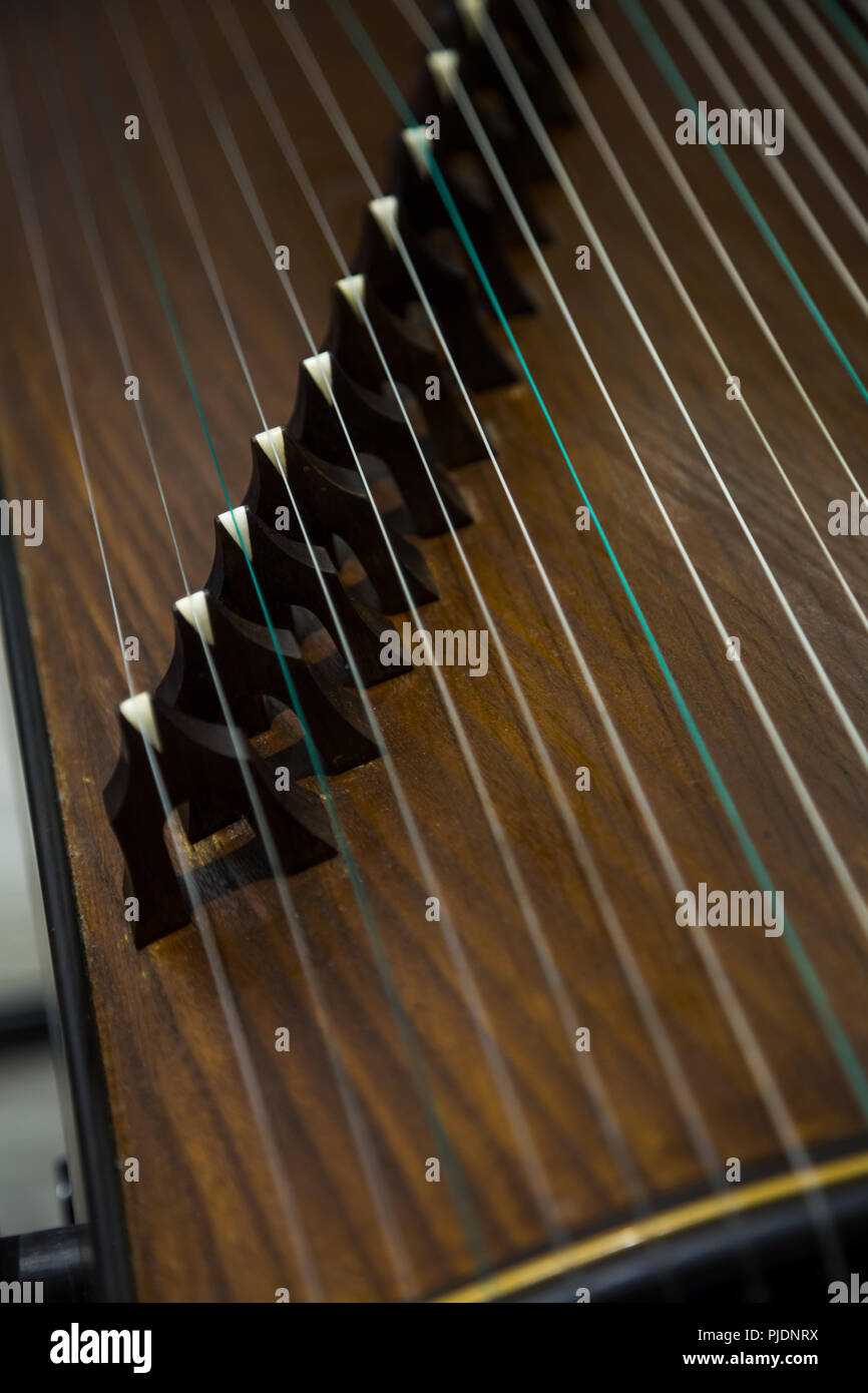 Gu Zheng. Die Zheng ist eine traditionelle chinesische Musikinstrument. Es gehört zu der Zither Familie der Streichinstrumente. Stockfoto