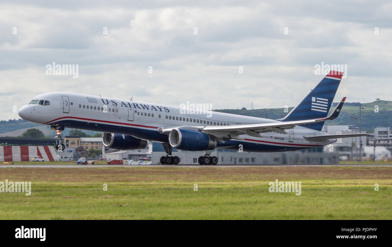 US Airways Flug gesehen, die für die transatlantische Reise, der Internationale Flughafen Glasgow, Renfrewshire, Schottland. Stockfoto