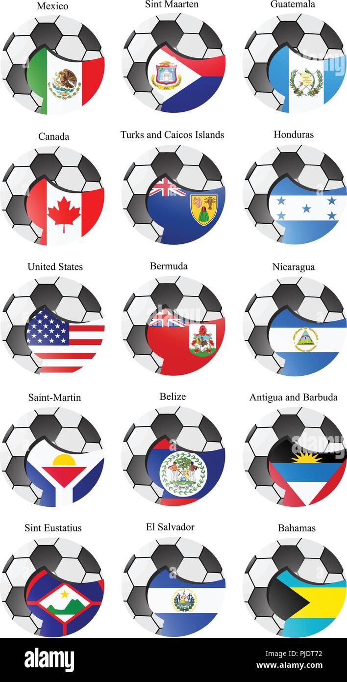 Reihe von Icons. Flaggen Nord- und Mittelamerikas mit Fußball. Vektor. 3D. Stock Vektor