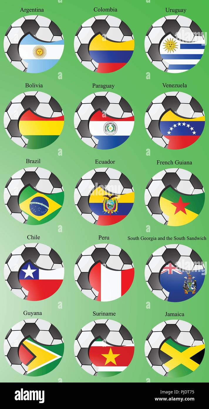 Reihe von Icons. Fahnen der Süd- und Mittelamerika mit Fußball. Vektor. 3D. Stock Vektor