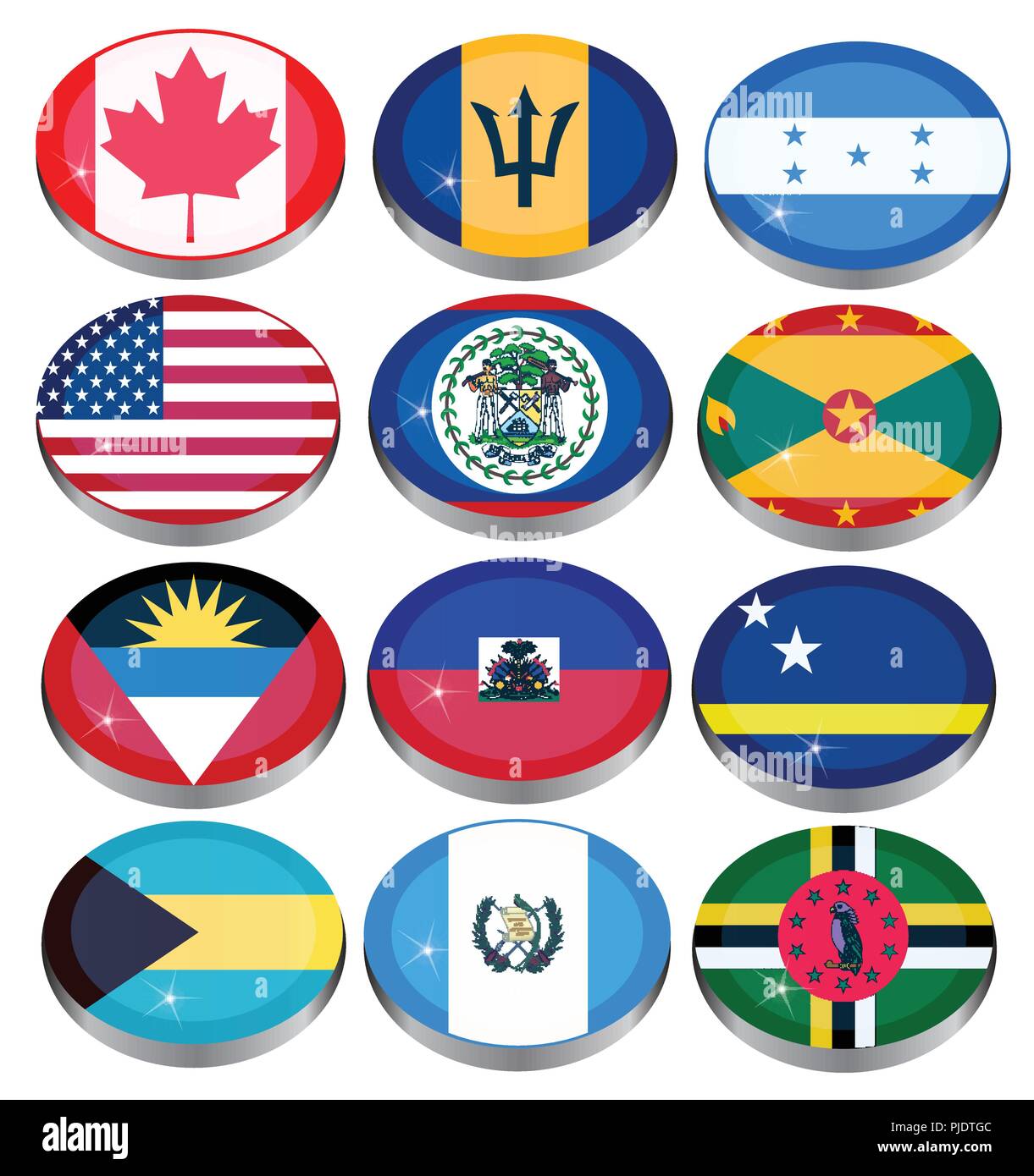 Reihe von Icons. Nord- und Mittelamerika der Fahnen. Stock Vektor