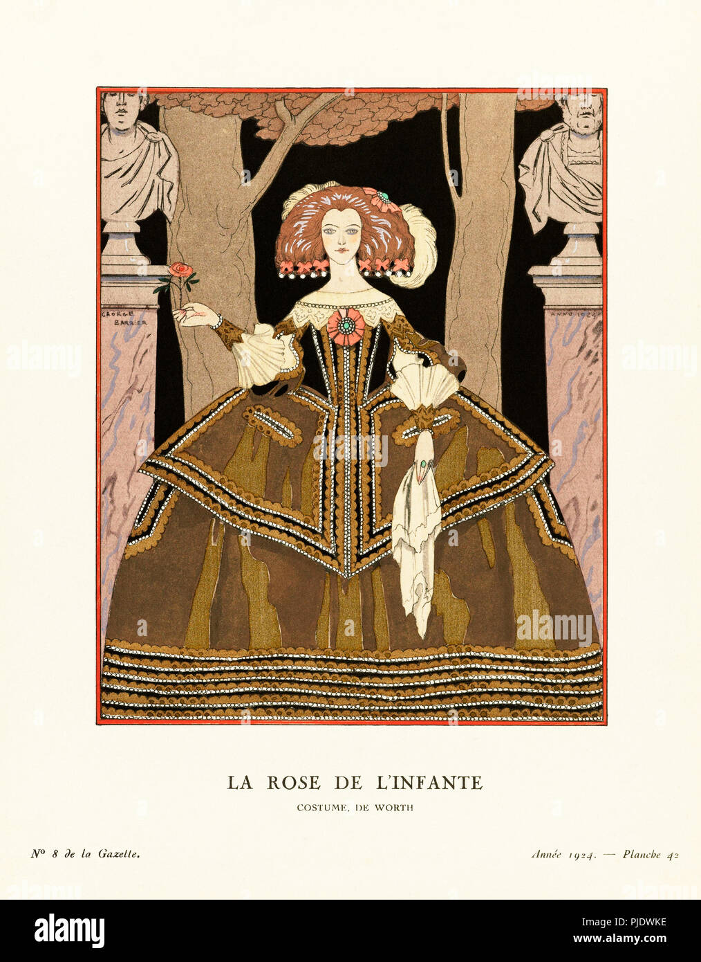 La Rose de l'infante. Die Infantin’s Rose. (Eine infantin ist eine Tochter des regierenden Monarchen von Spanien oder Portugal). Kostüm, de Worth. Kostüm von Worth. Art-Deco-Mode-Illustration des französischen Künstlers Georges Barbier, 1882-1932. Die Arbeit wurde für die Gazette du Bon Ton, ein Pariser Modemagazin, erstellt, das zwischen 1912-1915 und 1919-1925 veröffentlicht wurde. Stockfoto