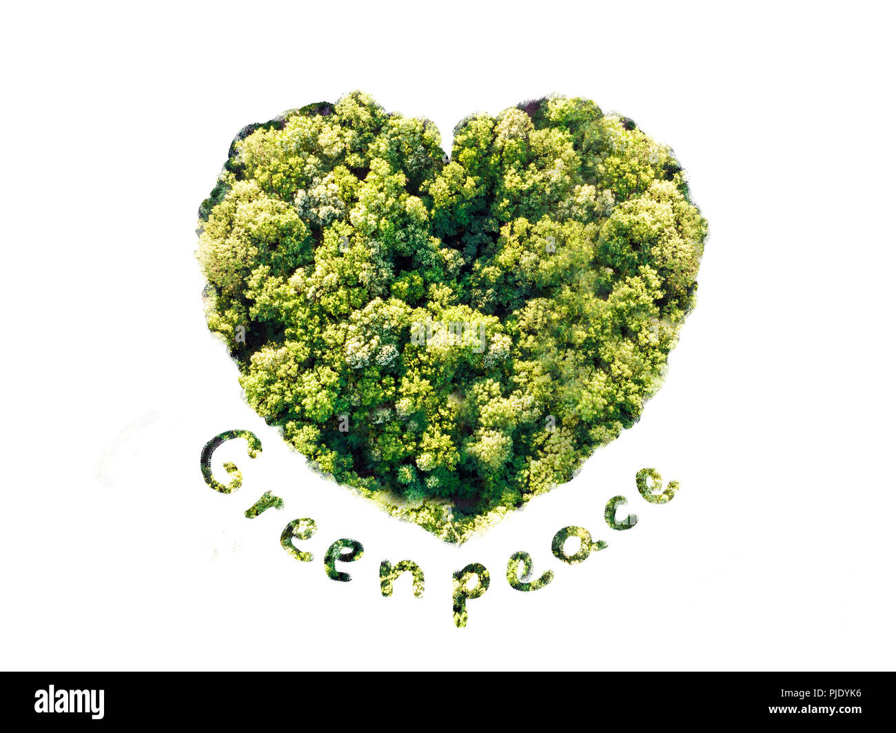 Herz aus Bäumen, Luftaufnahme, mit Greenpeace Inschrift Stockfoto