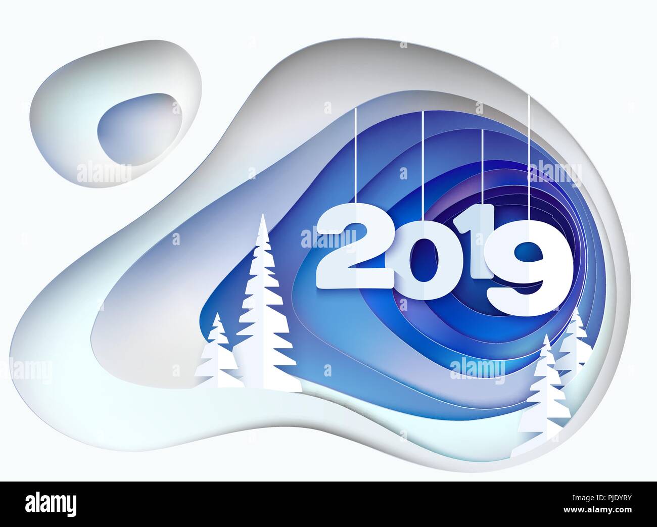 Weihnachtskarte. Verschneite Hügel mit Fell Bäume und Ziffern 2019. Winter Papier schneiden Handwerk Design. Vector Illustration Stock Vektor