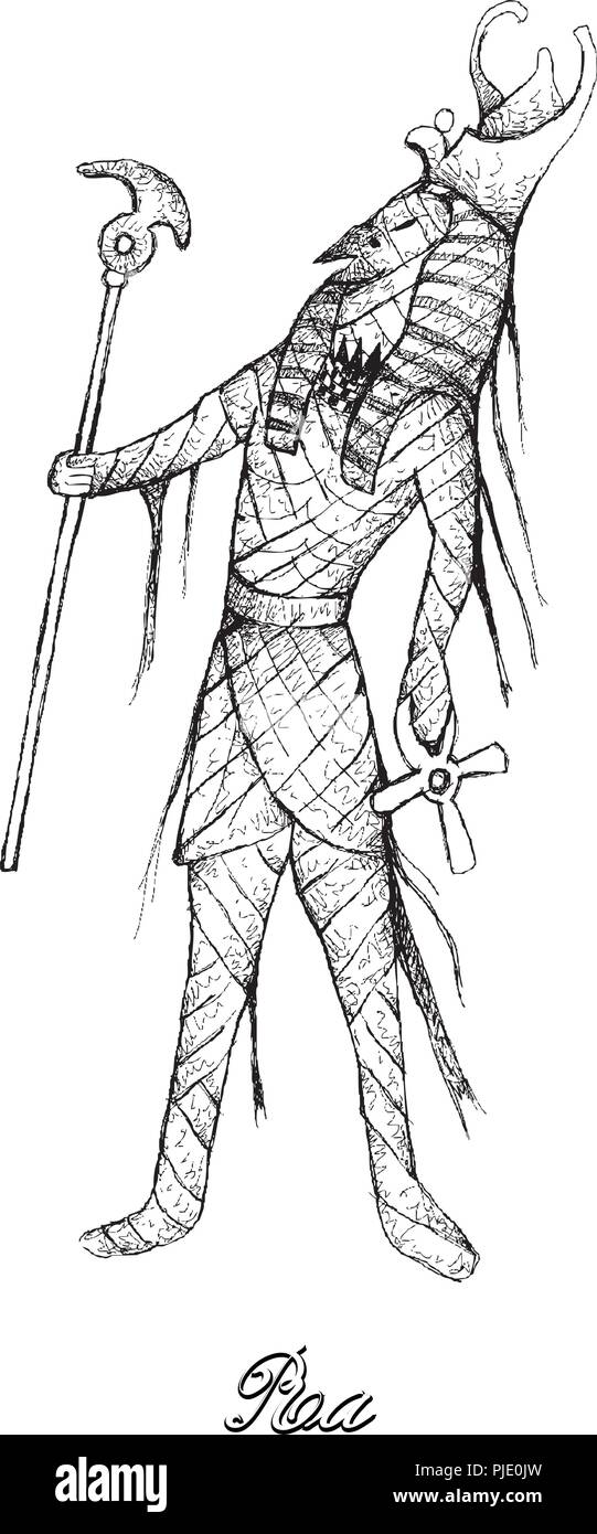 Abbildung Hand gezeichnete Skizze von Ra oder neu isoliert auf weißem Hintergrund. Ein Gott der Mumifizierung und Leben nach dem Tod im alten Ägypten Rel Stock Vektor