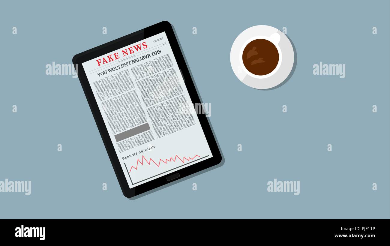 Internet gefälschte Nachrichten Abbildung. Fake Schlagzeile auf Tablet. Die Menschen lesen gefälschte Nachrichten Konzept. Kaffee und Tisch im Hintergrund. Stock Vektor