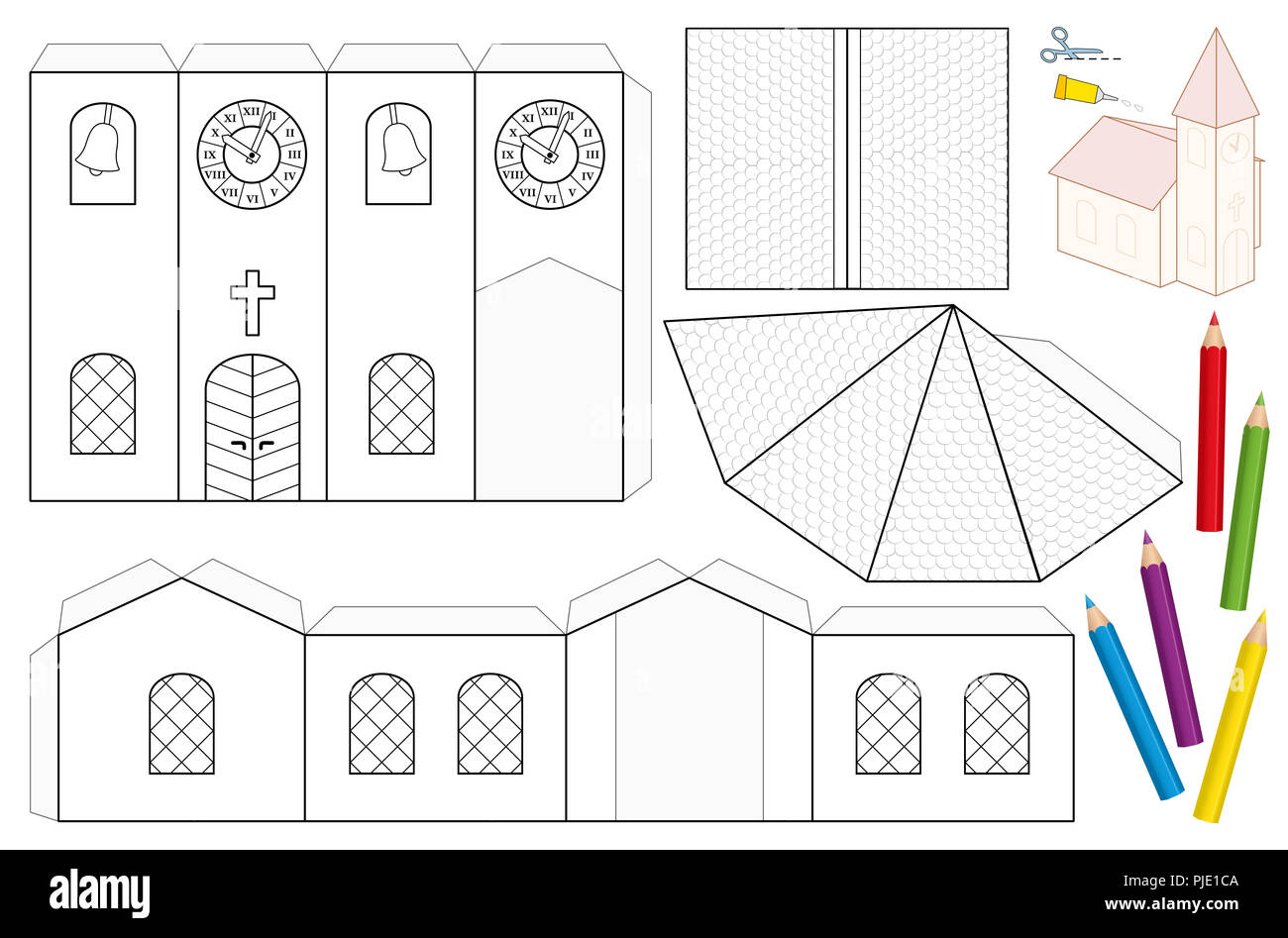 Kirche Handwerk Blatt Papier. Unbemalt Bohrschablone für Kinder für Färbung und ein 3D-Modell Kirche mit Turm, Kirchenschiff, Dächer, Uhr. Stockfoto