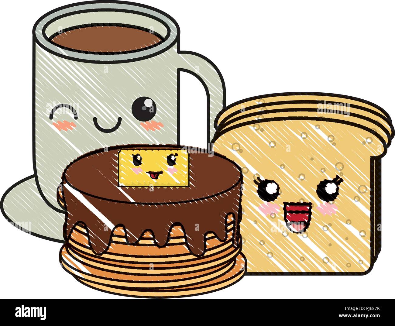 Kawaii Kaffeebecher mit Brot in Scheiben schneiden und Pfannkuchen mit  weißem Hintergrund, Vector Illustration Stock-Vektorgrafik - Alamy