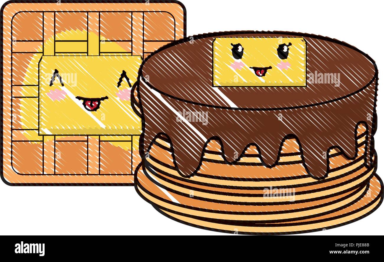 Kawaii Pfannkuchen und Waffeln auf weißem Hintergrund, Vector Illustration Stock Vektor