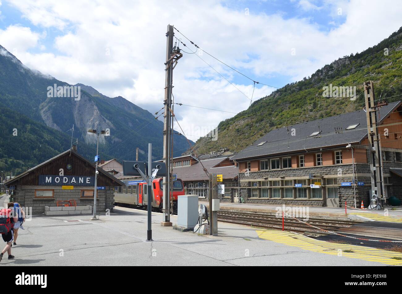 Der französische Bahnhof von Modane an der Grenze zu Italien, in den Alpen Novalja Stockfoto