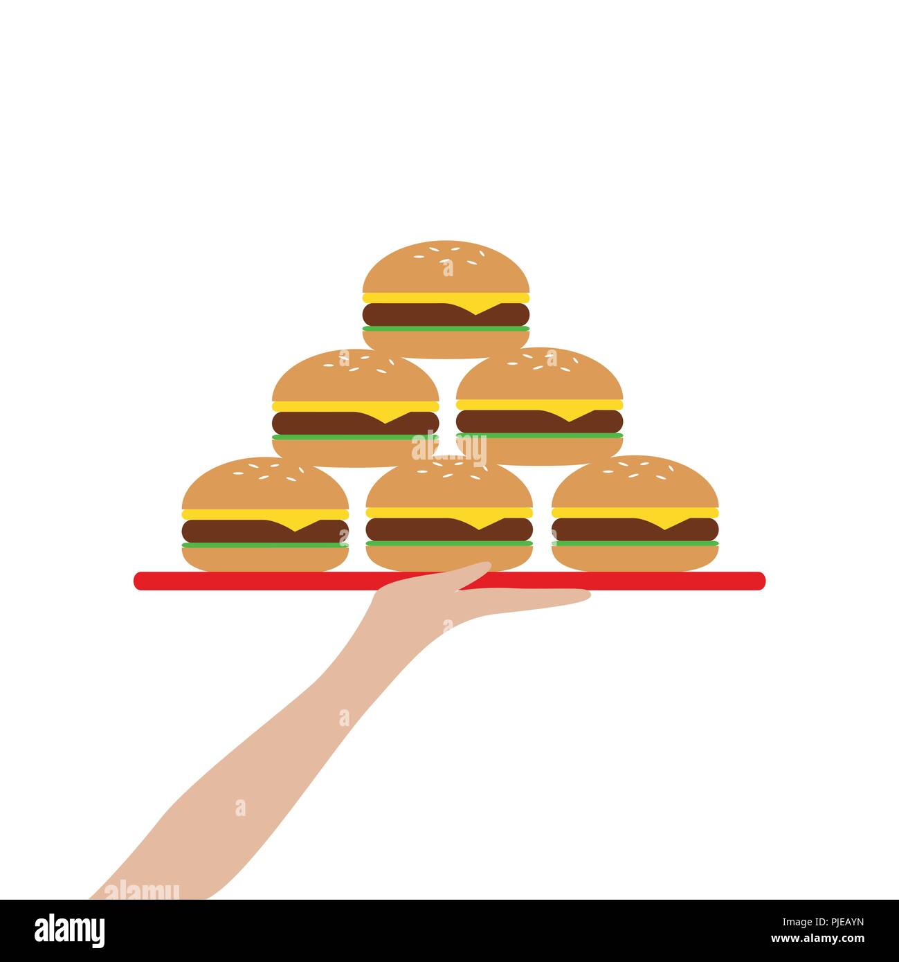 Hand hält eine Tablette mit Burger Turm Vector Illustration Stock Vektor