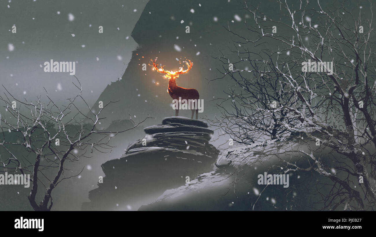 Der Hirsch mit dem Feuer Hörner stehen auf Felsen im Winter Landschaft, digital art Stil, Illustration Malerei Stockfoto