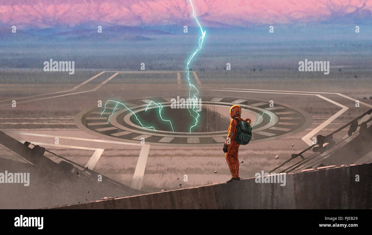Red Astronaut in ein großes Loch mit Blitze auf dem Planeten suchen, digital art Stil, Illustration Malerei Stockfoto