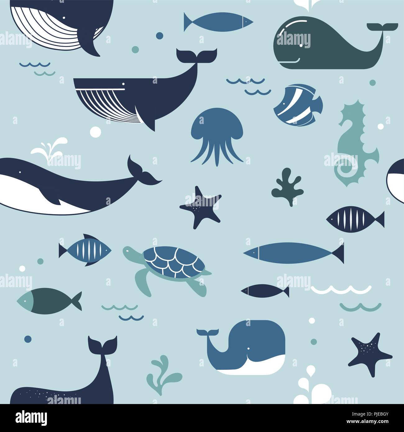 Sea Life, Wale, Delphine, nahtlose Muster Stock Vektor