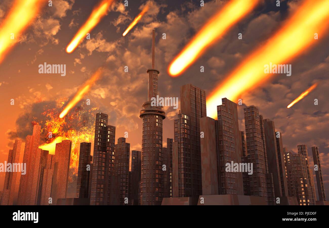 Ein Asteroid und Seine abgespaltene Fragmente Schlagen der Stadt. Stockfoto