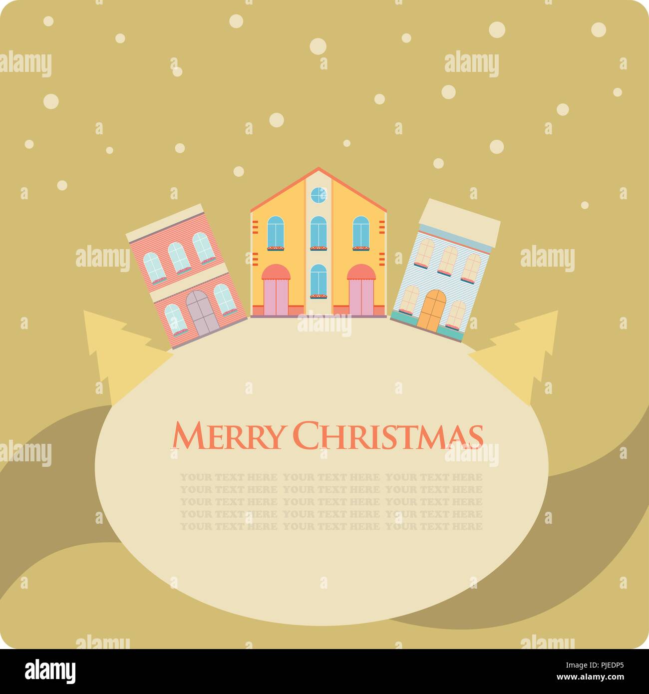 Weihnachten, Neujahr Grußkarte mit Blick auf die Straße mit schönen Häuser in der kleinen Stadt Stock Vektor