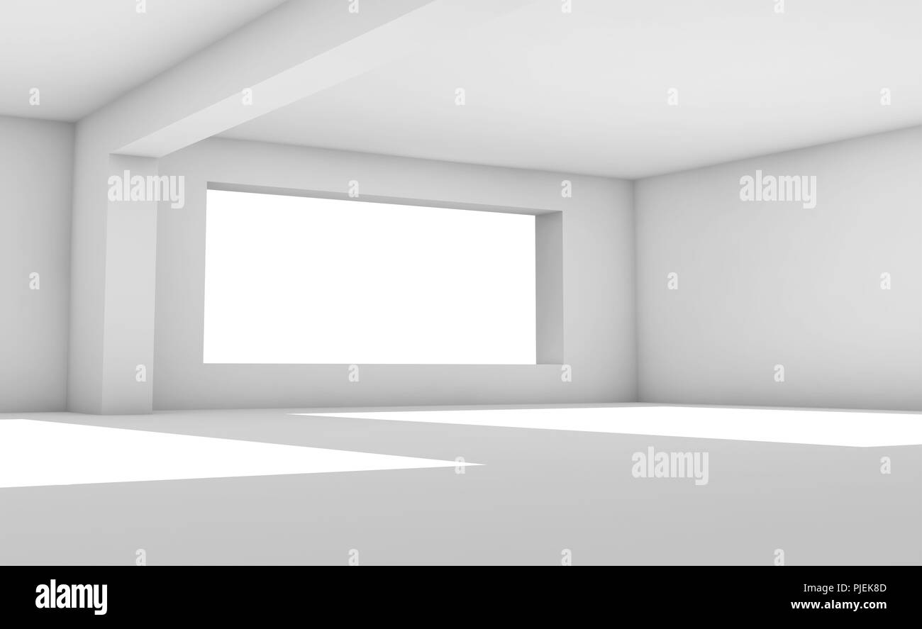 Leere weiße Zimmer mit großen Fenstern, abstrakte innere Hintergrund. 3D-Render Abbildung Stockfoto