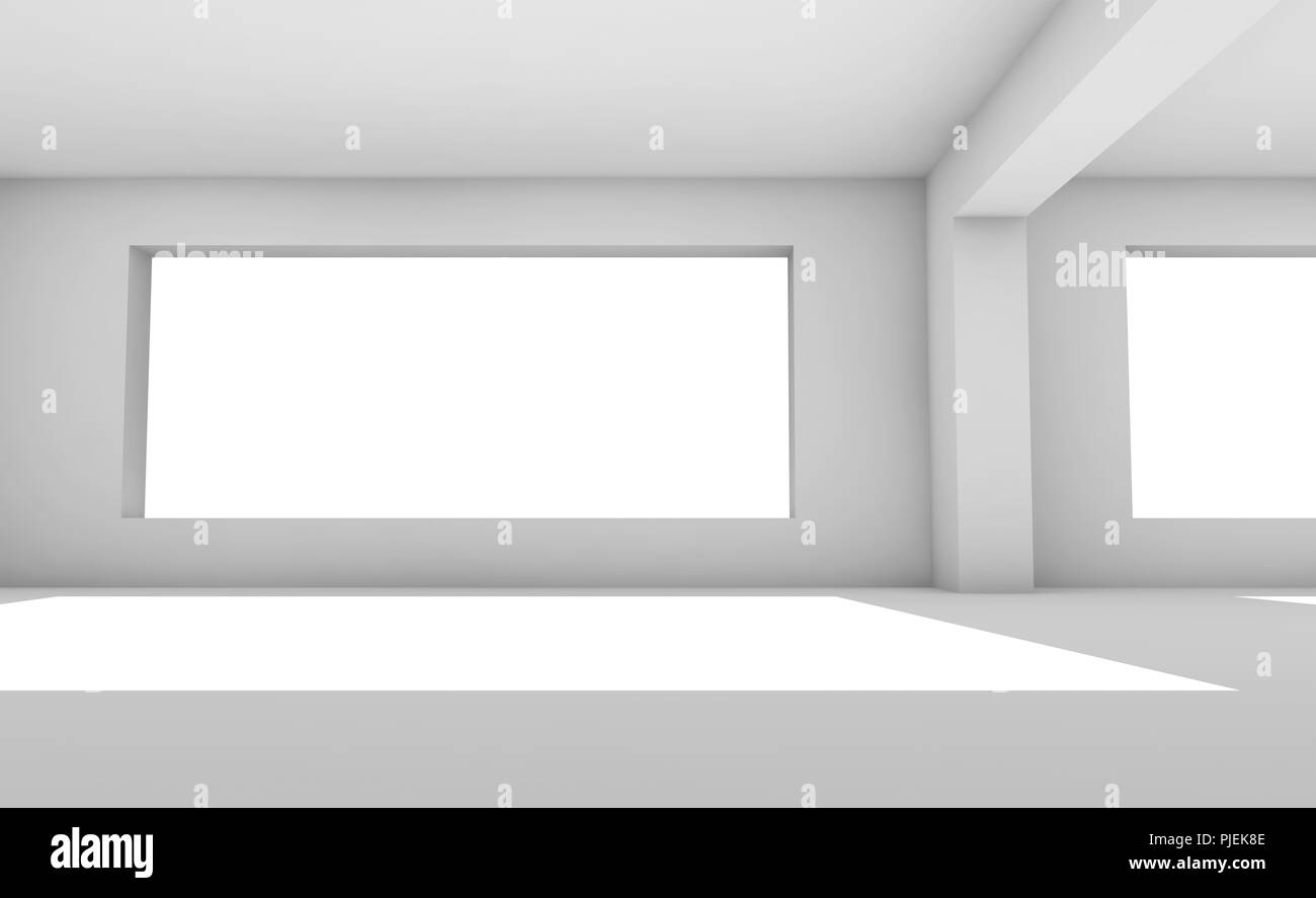 Leere weiße Zimmer mit großen Fenstern, abstrakte innere Hintergrund, architektonische 3d-render Abbildung Stockfoto