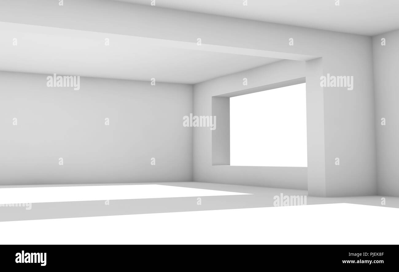 Leere weiße Zimmer mit großen Fenstern, abstrakte innere Hintergrund Illustration, Architektur 3D-Rendering Stockfoto