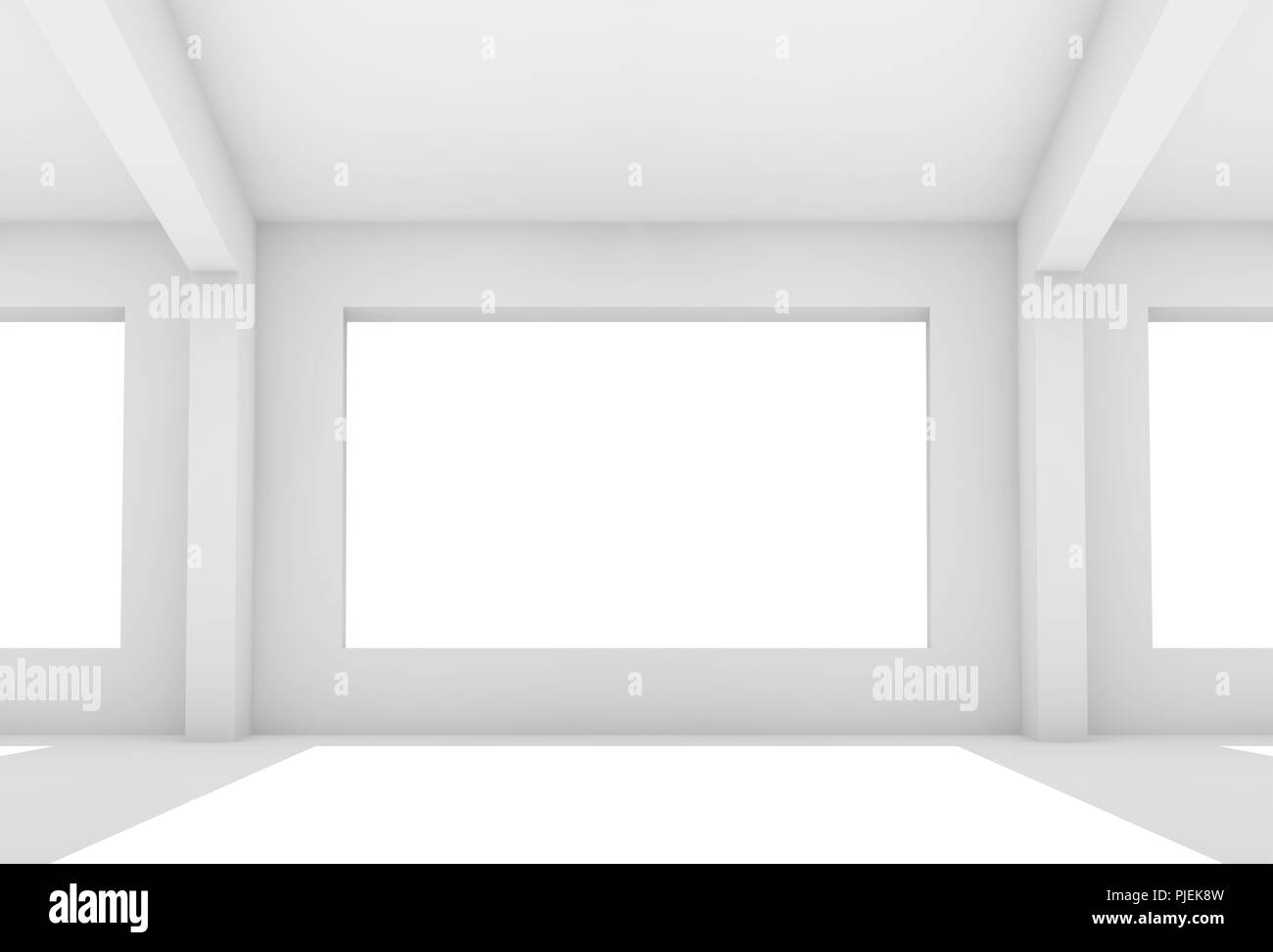 Leere weiße Zimmer mit großen Fenstern, abstrakte innere Hintergrund, architektonische 3d-render Abbildung Stockfoto