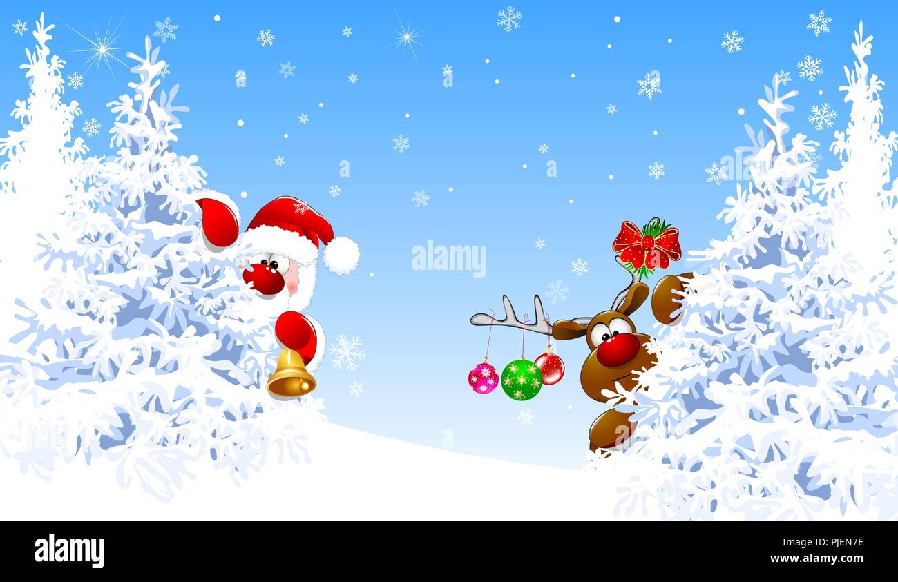 Santa Claus und ein Reh im Winter Wald vor dem Hintergrund der verschneiten Tannen. Cartoons Santa Claus und Hirsch Rudolph. Stock Vektor