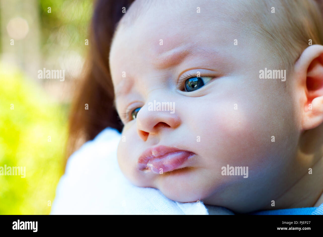 Süße kleine Baby ruhender Kopf auf die Mutter arm, schönes Kind mit blau grüne Augen, Nahaufnahme, Porträt des Säuglings aufstoßen auf Mom's Schulter Stockfoto