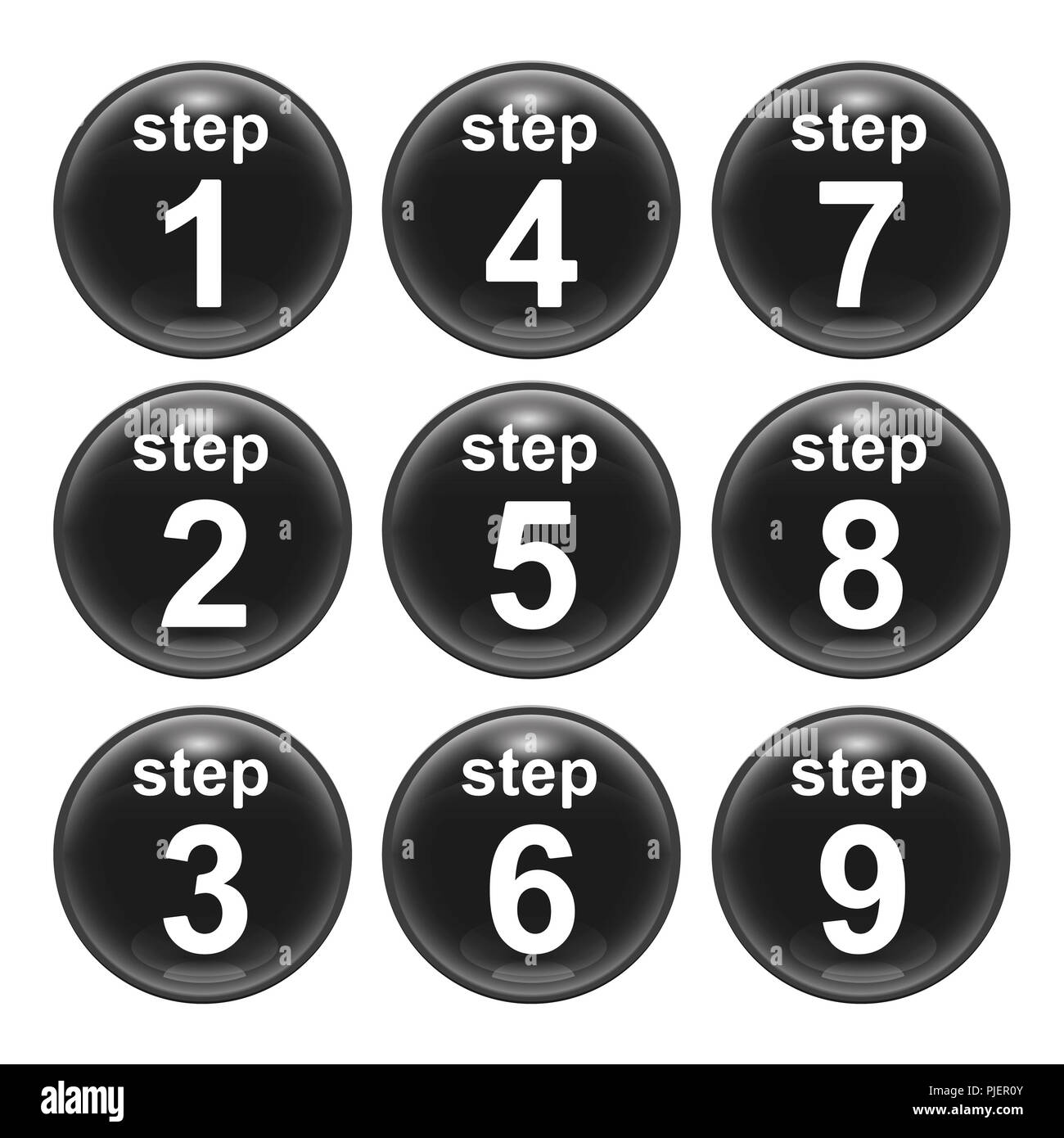 Eine Reihe von glänzenden Web Icons Schritt 1. bis 9. Stockfoto