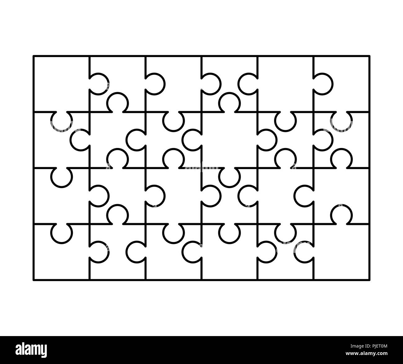 24 weißen puzzles Teile in einem Rechteck angeordnet. Puzzle Vorlage ist  zum Drucken bereit. Schneiden Richtlinien isoliert auf weißem  Stock-Vektorgrafik - Alamy