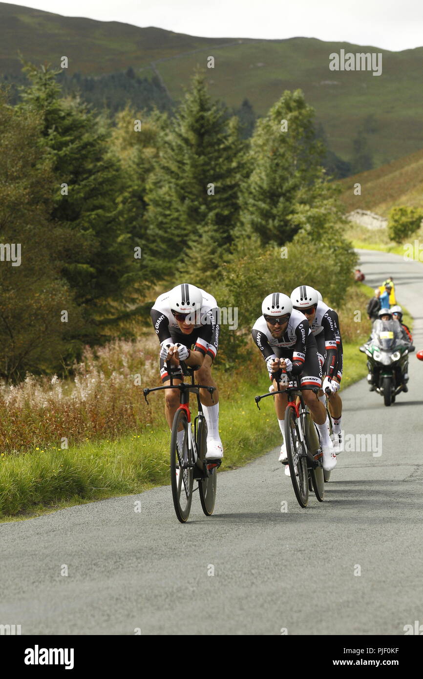 Whinlatter, Vereinigtes Königreich. 6. September, 2018. Team Sunweb Fahrt im Mannschaftszeitfahren der Tour von Großbritannien. Fred Bowman/Alamy leben Nachrichten Stockfoto