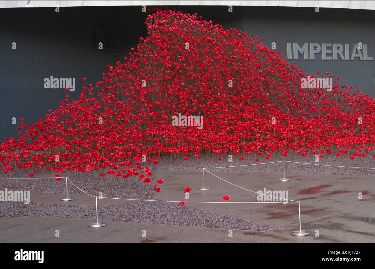 Manchester, Großbritannien. 7. September 2018. Die ikonischen poppy Skulptur Welle von Künstler Paul Cummins und Designer Tom Piper am IWM in Richtung Norden. Dies ist die abschließende Darstellung der Welle als Teil von 14-18 gedenken. Es ist das erste Mal, dass Manchester war Gastgeber eines dieser Kunstwerke. Die Installation "Blut fegte Länder und Meere der roten Mohnblumen ein originelles Konzept von Künstler Paul Cummins und Installation, der von Tom Piper. Credit: MediaWorldImages/Alamy leben Nachrichten Stockfoto