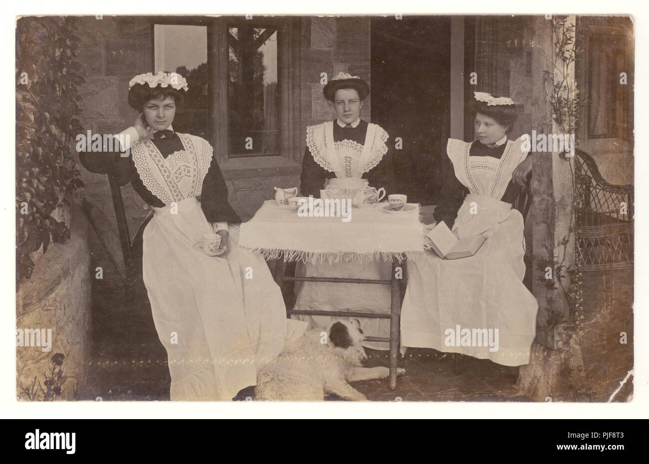 Ursprüngliche, klare, edwardianische Postkarte mit elegant gekleideten, attraktiven Dienstmädchen mit Schürzen und Mützen, die draußen im Garten eines Landhauses in Bridgwater, Somerset, Großbritannien, um 1905 eine Teepause machen Stockfoto