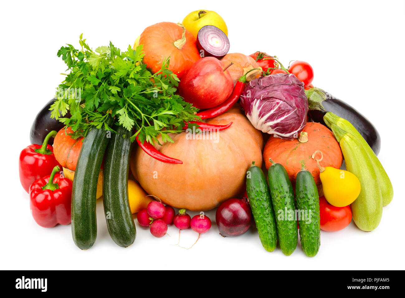 Sammlung von nützlichen Gemüse und Früchte auf weißem Hintergrund. Stockfoto