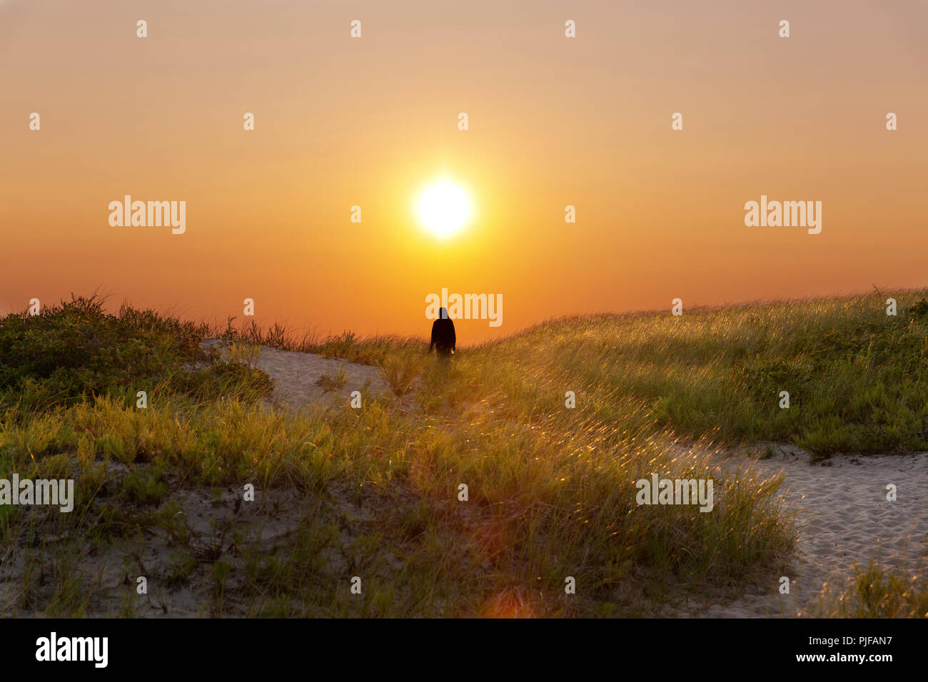 Auf dem Weg zum Sonnenuntergang, auf Cape Cod Bay auf einem nebligen Abend Stockfoto