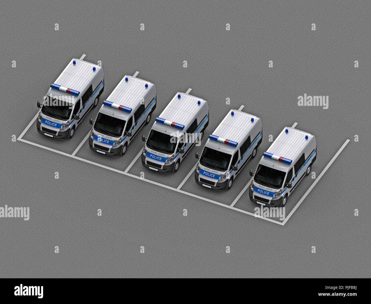 Parkplatz mit einer Gruppe von Polizei Autos. 3D-Rendering Stockfoto