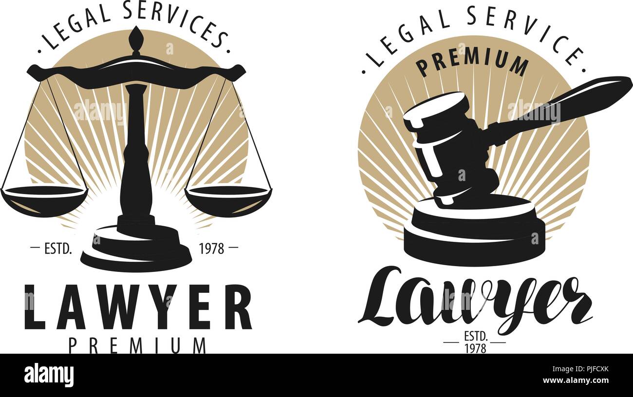Kanzlei, Rechtsanwalt, Anwalt, Logo oder Label. Waage der Gerechtigkeit, Hammer Symbol. Vector Illustration Stock Vektor