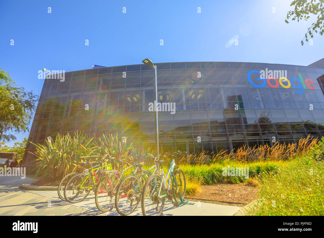 Mountain View, Kalifornien, USA - 13. August 2018: die Äußere einer Google Hauptquartier. Google Technology Leader in Internet, Online Advertising, Search Engine, Cloud Computing. Stockfoto